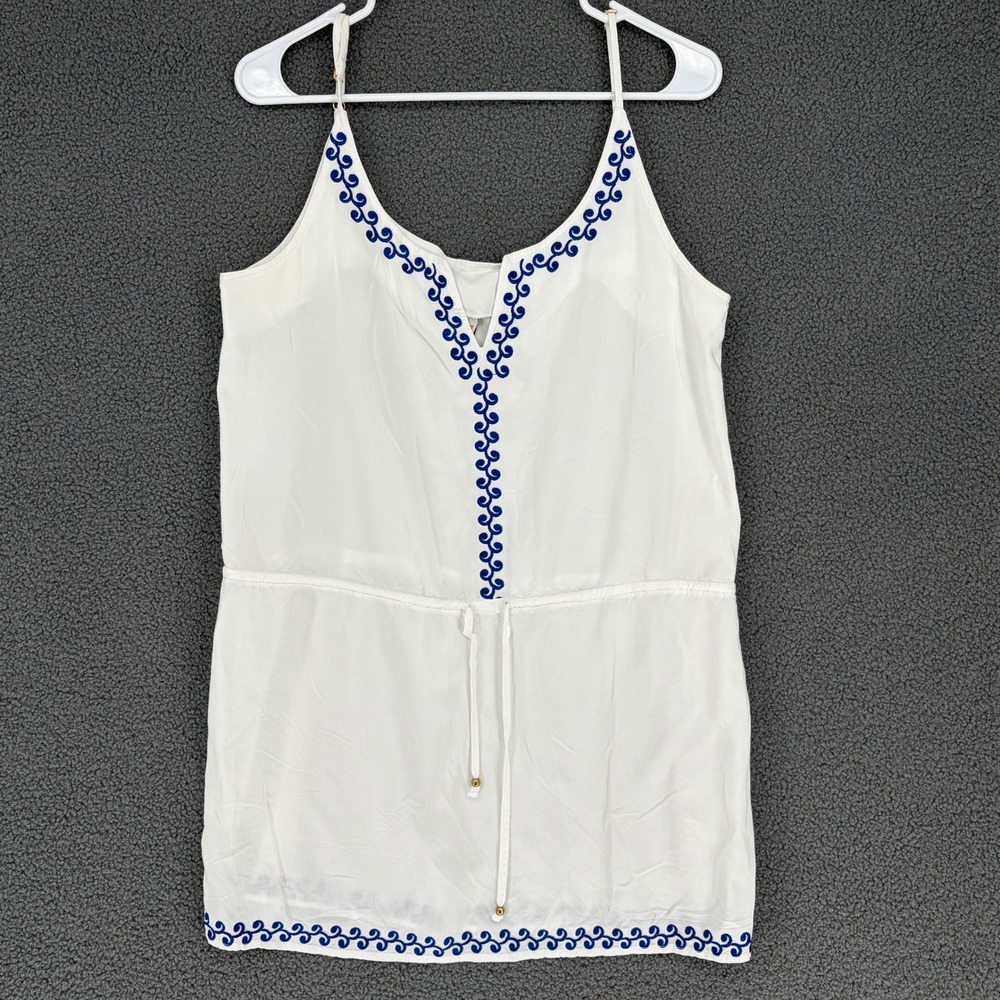 Cremieux Womens White Blue Embroidered Drawstring Tank Top Size L 8DCJJ31M